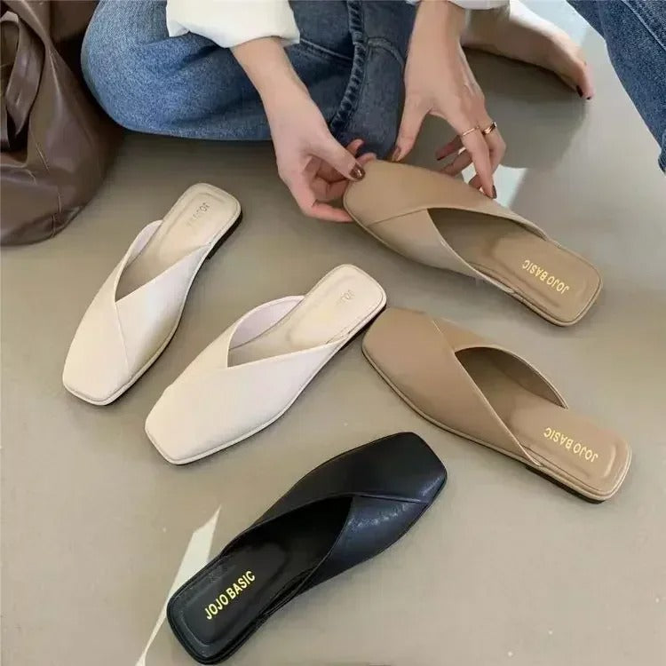 2025 Sandals Female Slippers Women Fashion Flat Casual Mules Square Toe Sandals Women Flat Outdoor Walking Slides Zapatillas