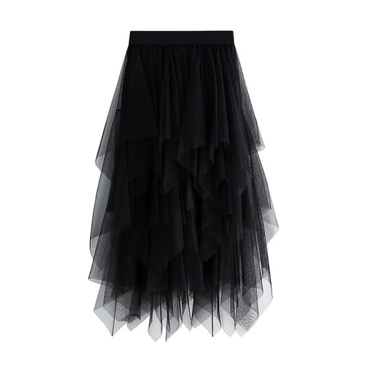Combhasaki Women's Y2K Vintage Goth Solid Color Vacation Layered Lace Mesh Skirt Irregular Elastic High Waist Tulle Bubble Skirt